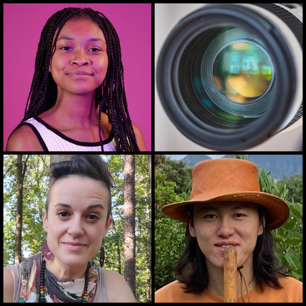 a collage of 3 people and a camera lens