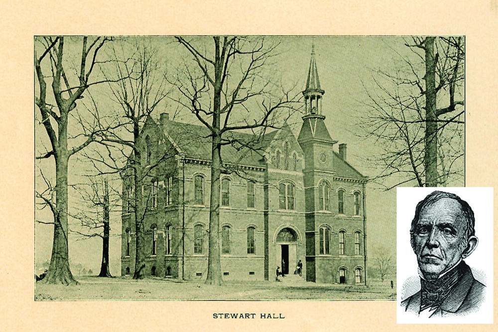 a sepia-toned photo of an old building with an inset photo of a man in old-fashioned clothes