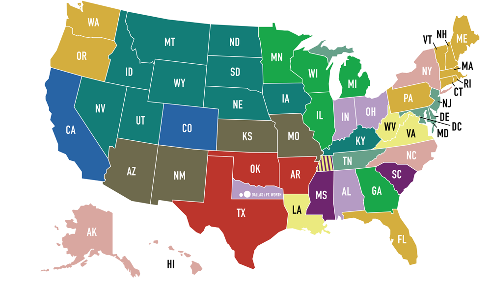 a color-coded map of the United States