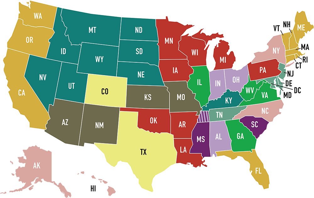 Color-coded US map showing Rhodes admission counselor territories
