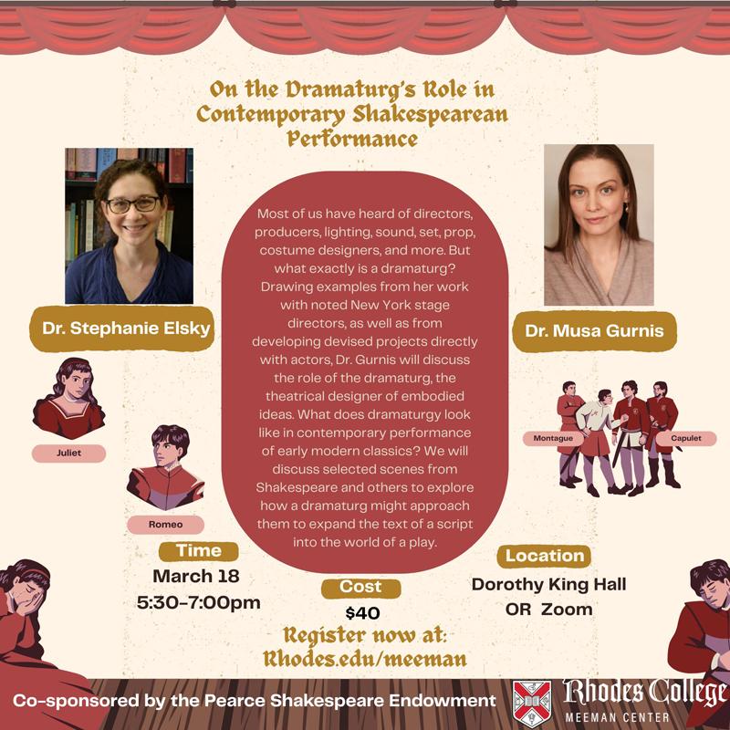 a poster for An Evening of Shakespeare: On the Dramaturg's Role in Contemporary Shakespearean Performance” with Dr. Musa Gurnis 