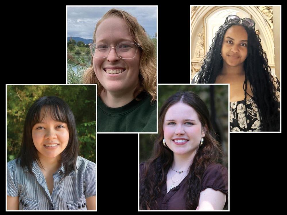a collage of four female students