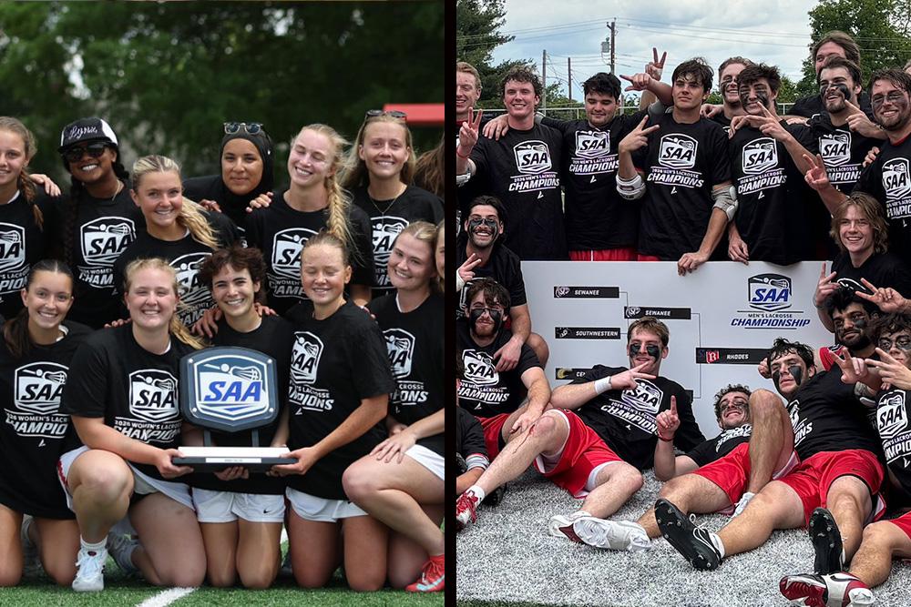 mens and womens lacrosse teams celebrate SAA championships