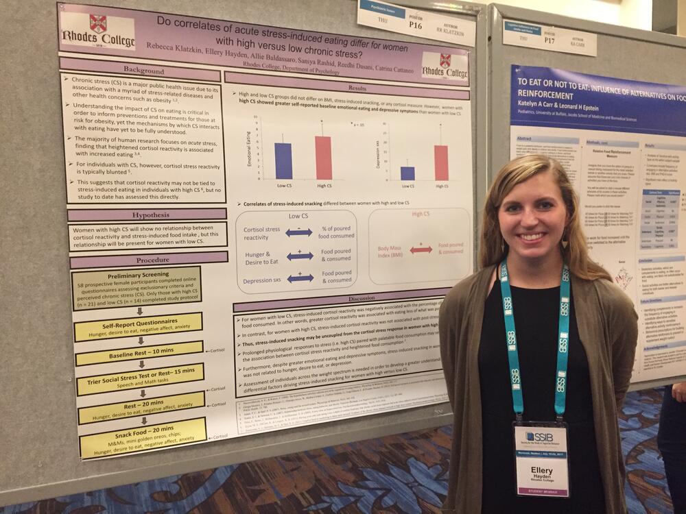 A student in front of a poster presenting research 