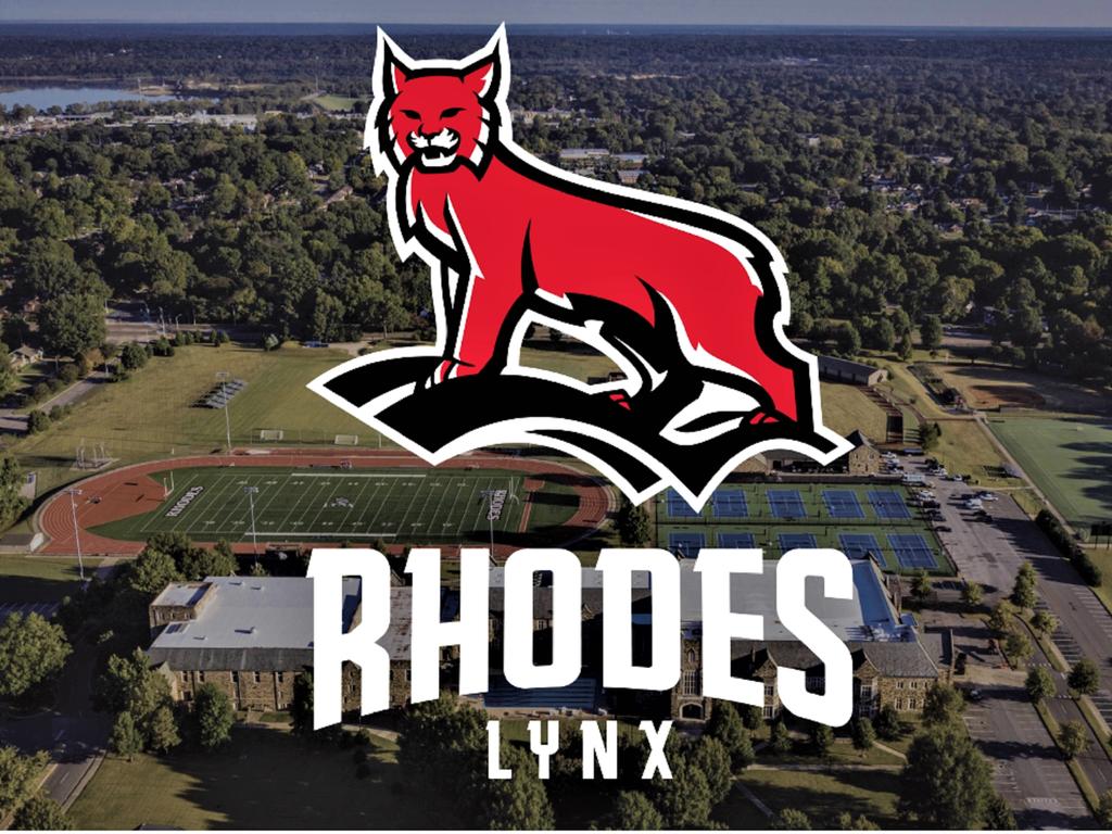 image of Rhodes College lynx logo on photo of field on campus