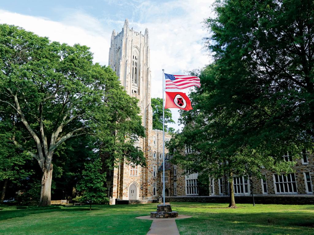 outdoor image of Rhodes College tower and American Flag