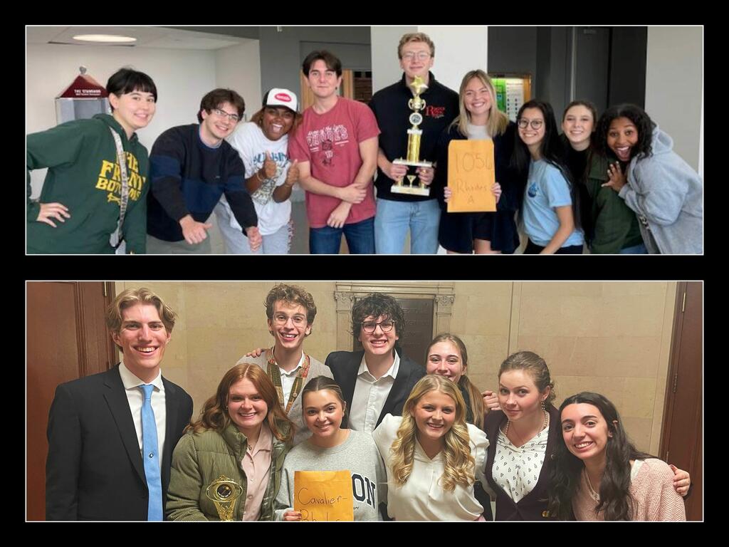 image of two mock trial teams with a member holding a trophy