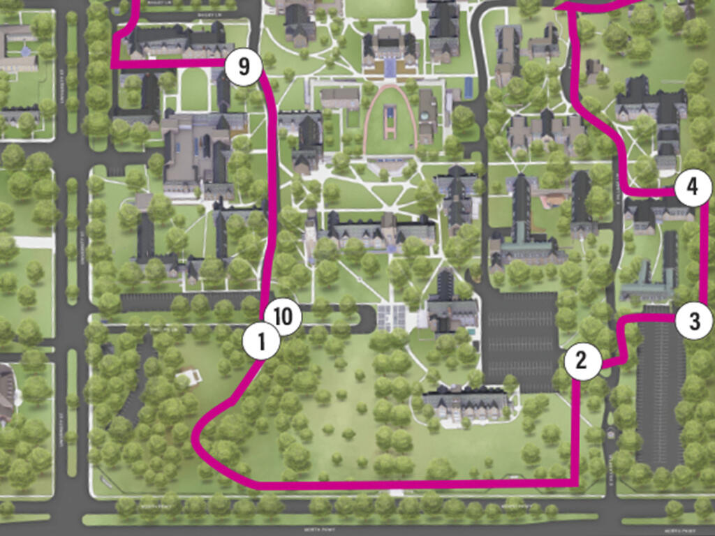 a map of campus with a trail marked on it