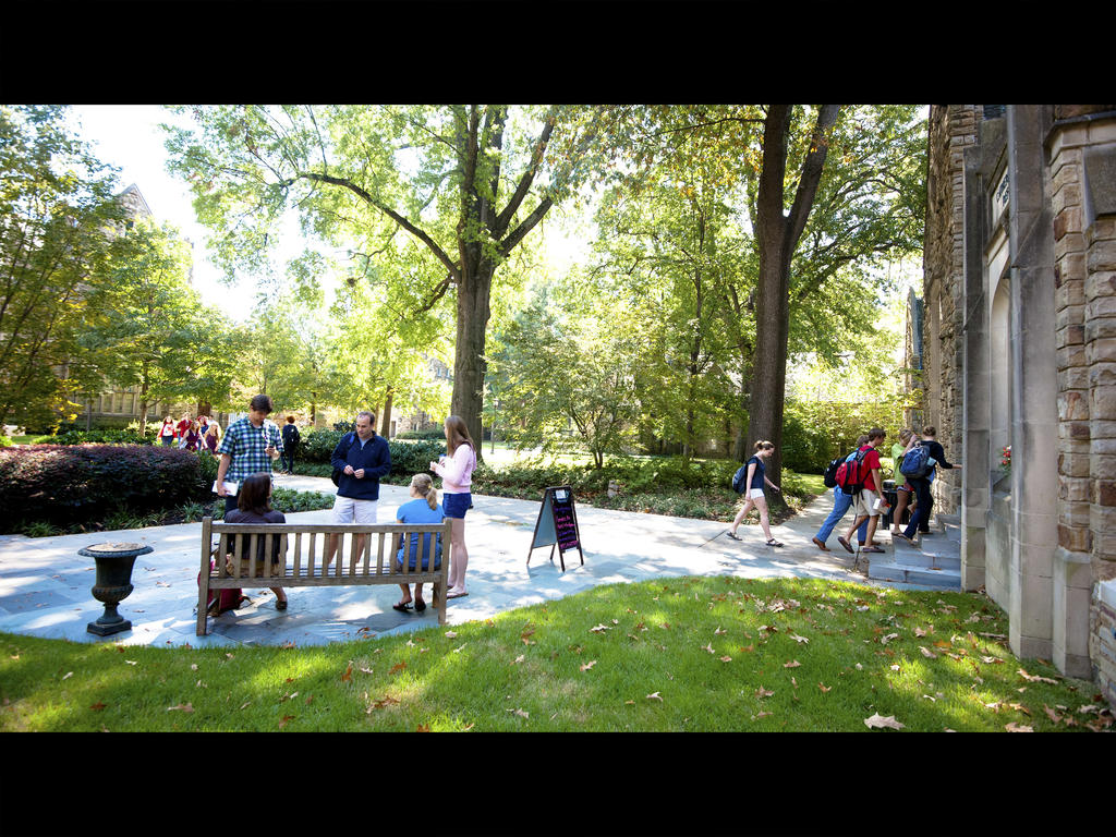 various students gathered on a quad, sitting in benches or socializing on a peaceful day